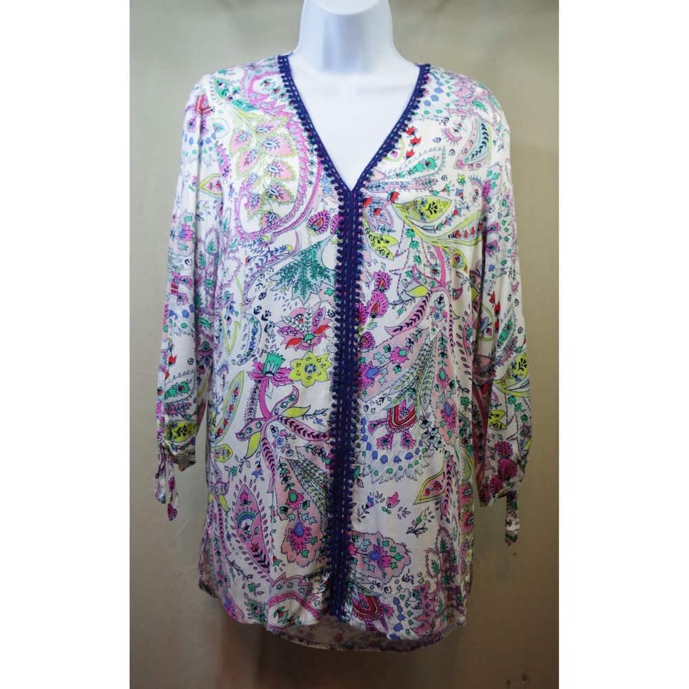 Tribal Women's Petite Small Paisley V-Neck Tunic Blue Crochet Trim Tie Sleeve